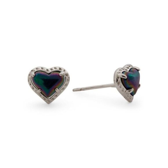 Kendra Scott Navy Blue Iridescent Mini Heart Silver Rhodium Brass Stud Earrings - Picture 3 of 4